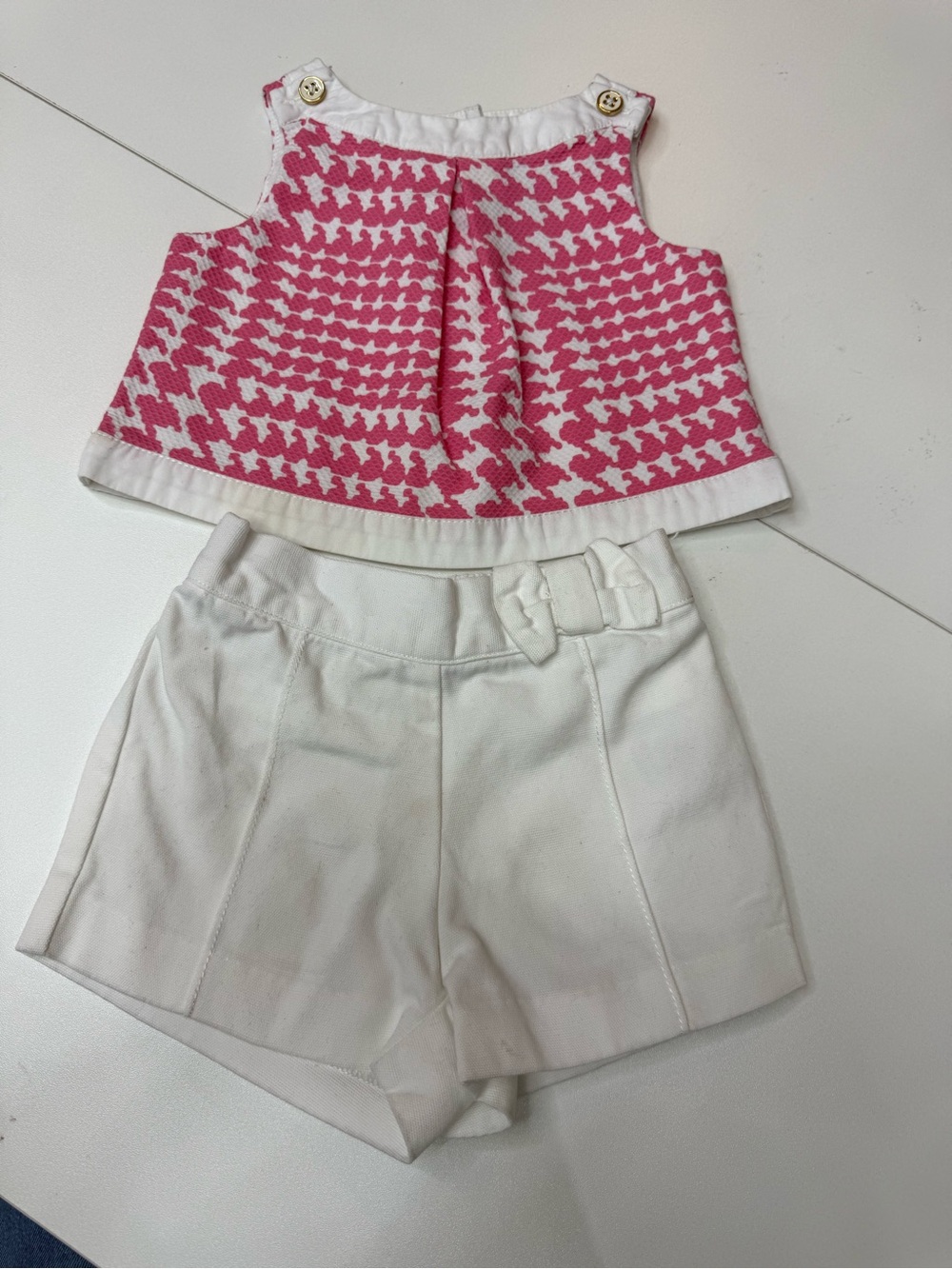 Janie and Jack Pink and White Houndstooth Crop Top and Shorts Set size 3/6M